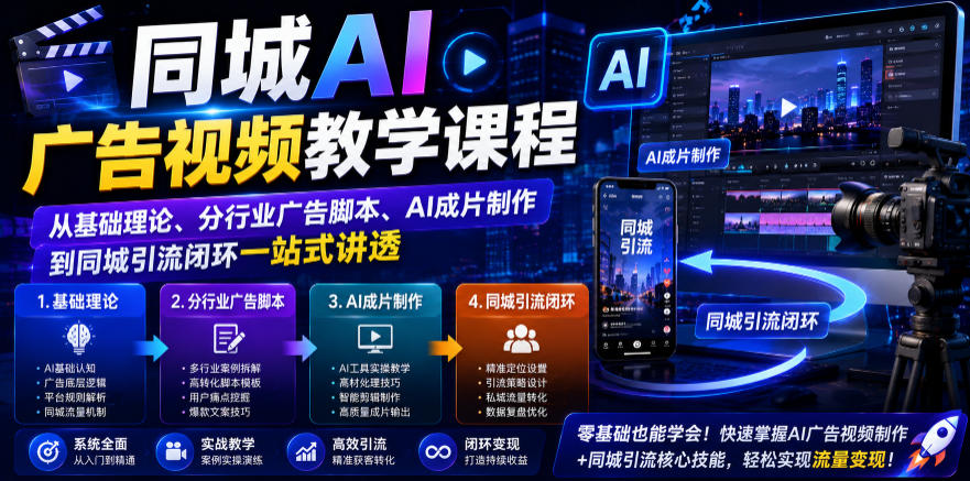 同城AI广告视频教学课程,从基础理论、分行业广告脚本、AI成片制作到同城引流闭环一站式讲透-hl998