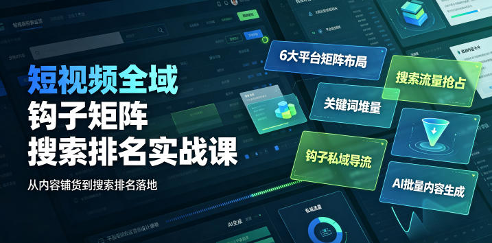 短视频全域钩子矩阵搜索排名实战课｜6大平台矩阵布局、关键词堆量抢占搜索流量、钩子私域导流、AI批量内容生成-hl998
