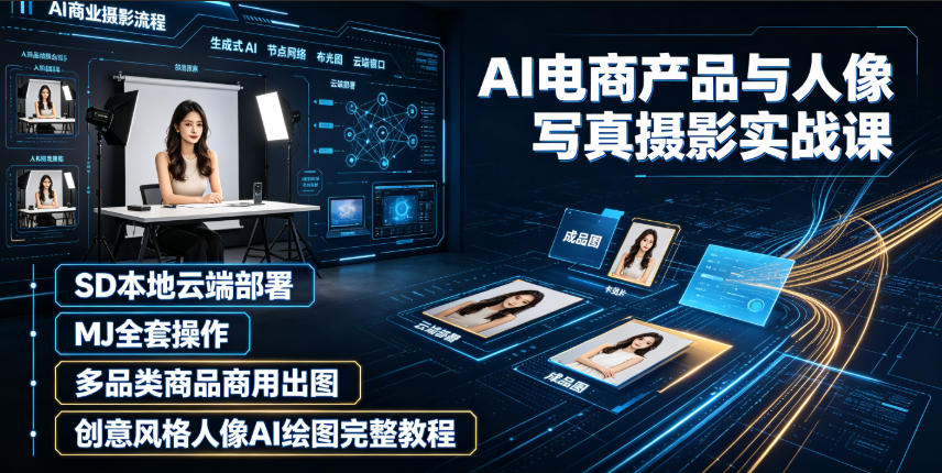 AI电商产品与人像写真摄影实战课｜SD本地云端部署、MJ全套操作、多品类商品商用出图、创意风格人像AI绘图完整教程-hl998