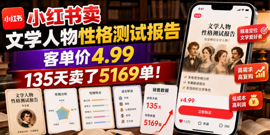 小红书卖文学人物性格测试报告，客单价4.99，135天卖了5169单！-hl998