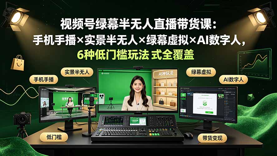 视频号绿幕半无人直播带货课：手机手播×实景半无人×绿幕虚拟×AI数字人，6种低门槛玩法全覆盖-hl998