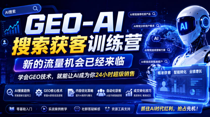 GEO-AI搜索获客训练营，新的流量机会已经来临，学会GEO技术，就能让AI成为你24小时超级销售-hl998