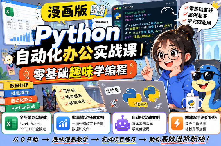漫画版Python自动化办公实战课｜零基础趣味学编程，全场景办公提效、批量搞定报表文档、解放双手进阶职场-hl998