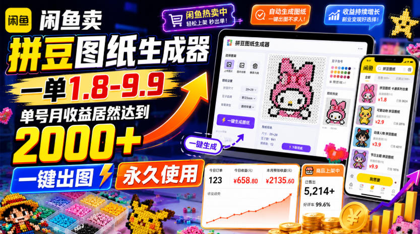 闲鱼卖拼豆图纸生成器，一单1.8-9.9，单号月收益居然达到2000+一键出图永久使用-hl998