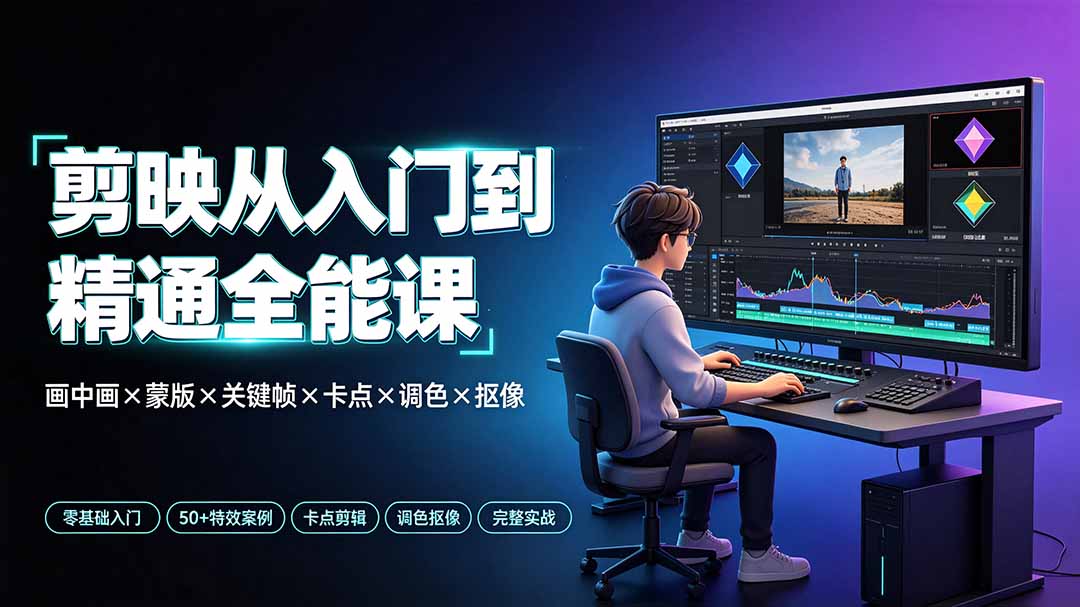 剪映从入门到精通全能课：画中画×蒙版×关键帧×卡点×调色×抠像，一站式掌握剪辑核心技能-hl998