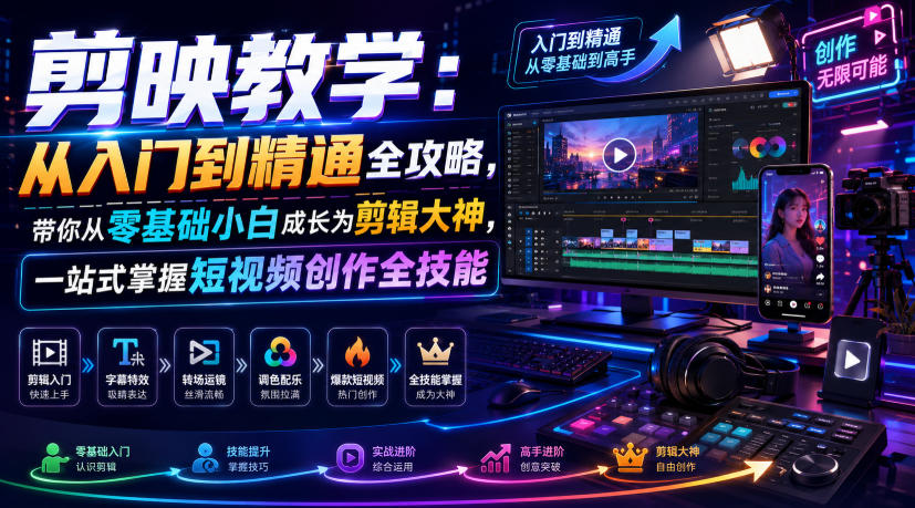 剪映教学：从入门到精通全攻略，带你从零基础小白成长为剪辑大神，一站式掌握短视频创作全技能-hl998