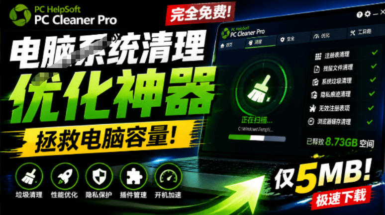 轻松吊打Win系统自带工具！电脑清理神器，拯救电脑容量，仅5MB，完全免费使用PC Cleaner Pro-hl998