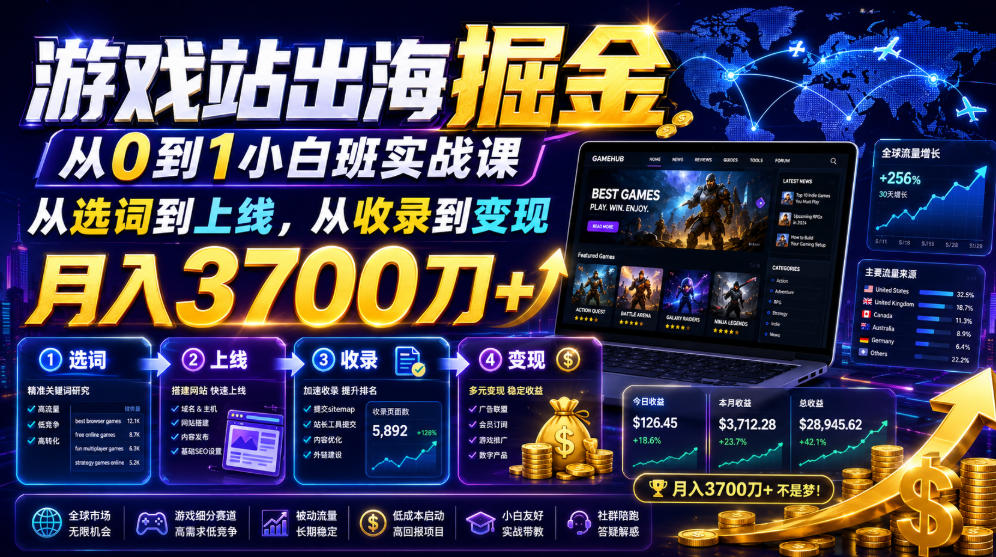 游戏站出海掘金从0到1小白实战课，从选词到上线，从收录到变现，月入3700刀+-hl998