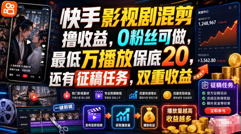 快手影视剧混剪撸收益，0粉丝可做，最低万播放保底20，还有征稿任务，双重收益-hl998