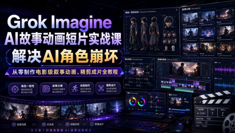 Grok Imagine AI故事动画短片实战课｜解决AI角色崩坏，从零制作电影级叙事动画、精剪成片全教程(中英字幕)-hl998