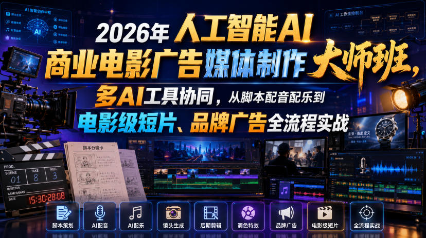 2026年人工智能AI商业电影广告媒体制作大师班，多AI工具协同，从脚本配音配乐到电影级短片、品牌广告全流程实战(中英字幕)-hl998