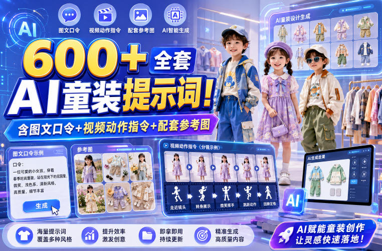 600+全套AI童装提示词！含图文口令+视频动作指令+配套参考图，Word-Excel规整分类，童装电商、种草无脑量产内容！-hl998