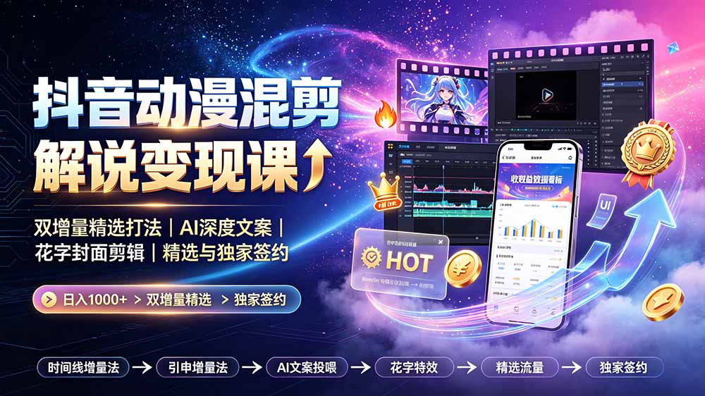 抖音动漫混剪解说变现课：双增量精选打法｜AI深度文案｜花字封面剪辑｜ 精选与独家签约日入1000+-hl998