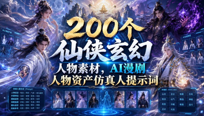 200个仙侠玄幻人物素材，AI漫剧人物资产仿真人提示词-hl998