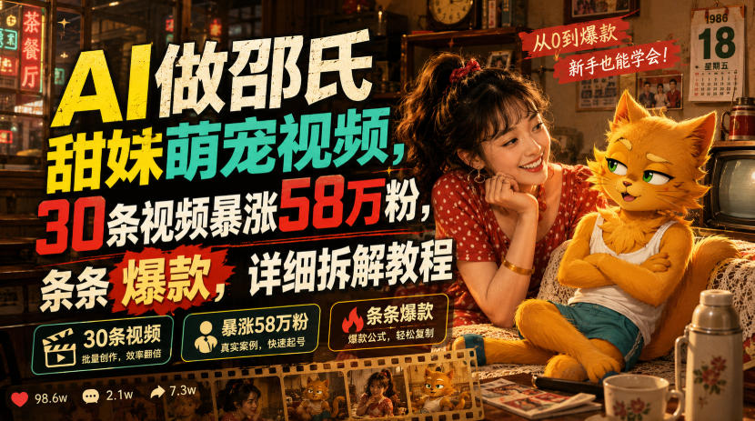 AI做邵氏甜妹萌宠视频，30条视频暴涨58万粉，条条爆款，详细拆解教程-hl998