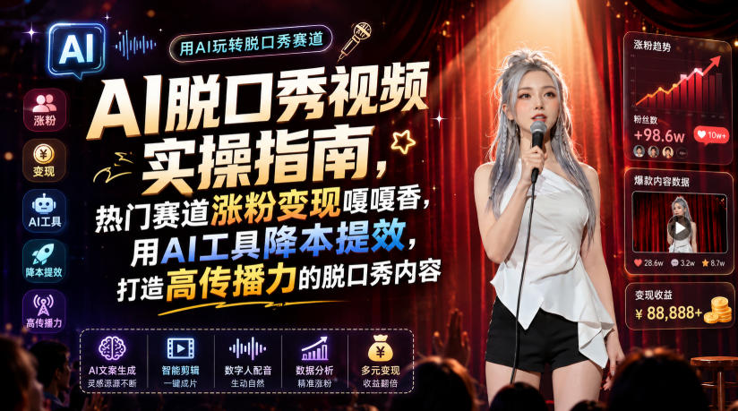AI脱口秀视频实操指南，热门赛道涨粉变现嘎嘎香，用AI工具降本提效，打造高传播力的脱口秀内容-hl998