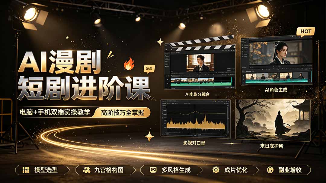 AI漫剧短剧进阶课｜电脑+手机双端实操教学｜影视剧对口型人物吃瓜×解压末日庇护所全程讲解，高阶技巧全掌握-hl998