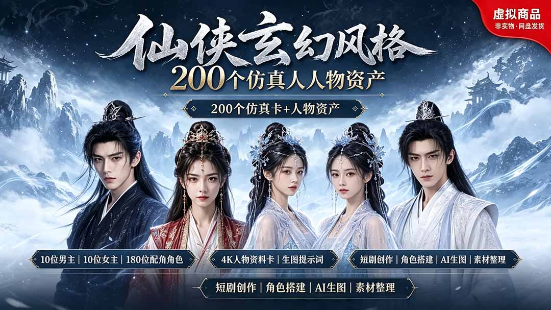 200个仙侠玄幻仿真人素材◆10男主×10女主×180配角，4K资料卡+AI生图提示词，漫剧必备-hl998