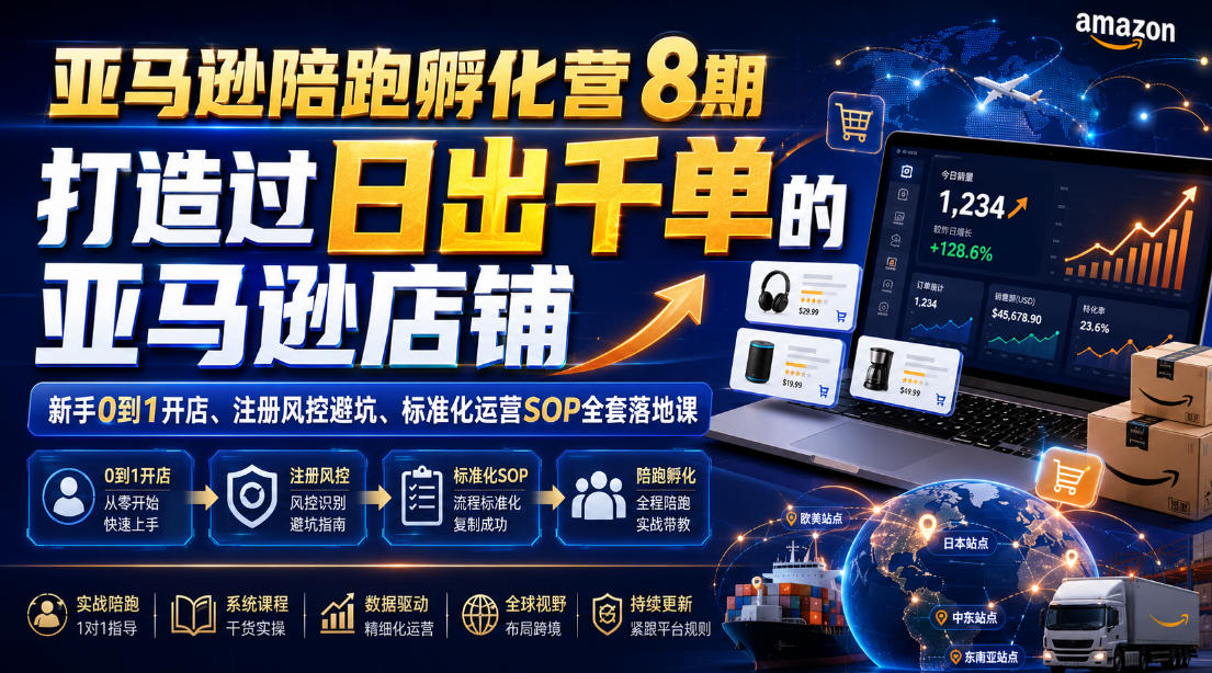 亚马逊陪跑孵化营8期，打造过日出千单的亚马逊店铺，新手0到1开店、注册风控避坑、标准化运营SOP全套落地课-hl998