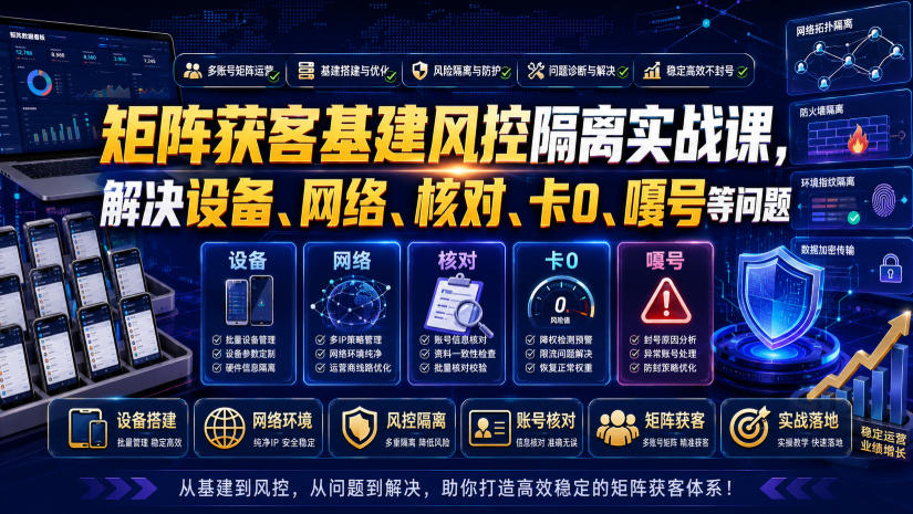 矩阵获客基建风控隔离实战课，解决设备、网络、核对、卡0、嘎号等问题-hl998
