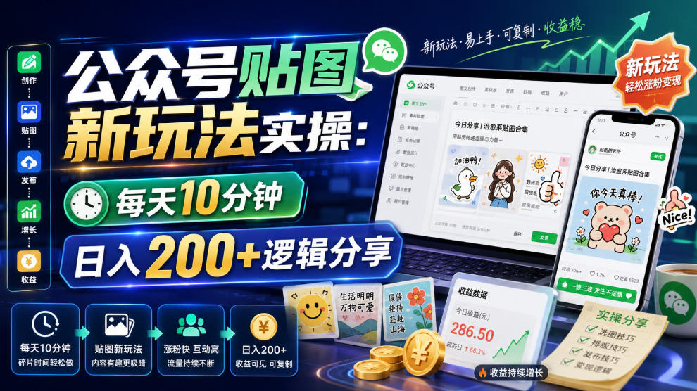 公众号贴图新玩法实操，每天10分钟，日入200+逻辑分享-hl998