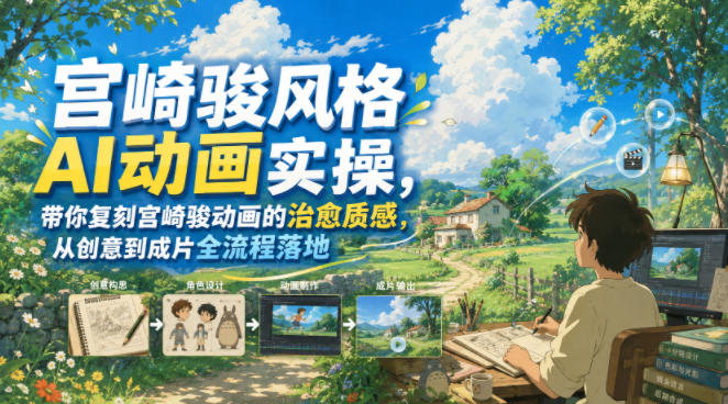 宫崎骏风格AI动画实操，带你复刻宫崎骏动画的治愈质感，从创意到成片全流程落地-hl998