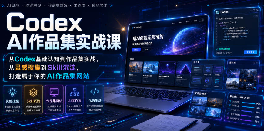 Codex AI作品集实战课，从Codex基础认知到作品集实战，从灵感搜集到Skill沉淀，打造属于你的AI作品集网站-hl998