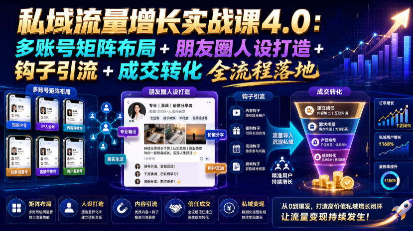 私域流量增长实战课4.0:多账号矩阵布局+朋友圈人设打造+钩子引流+成交转化全流程落地-hl998