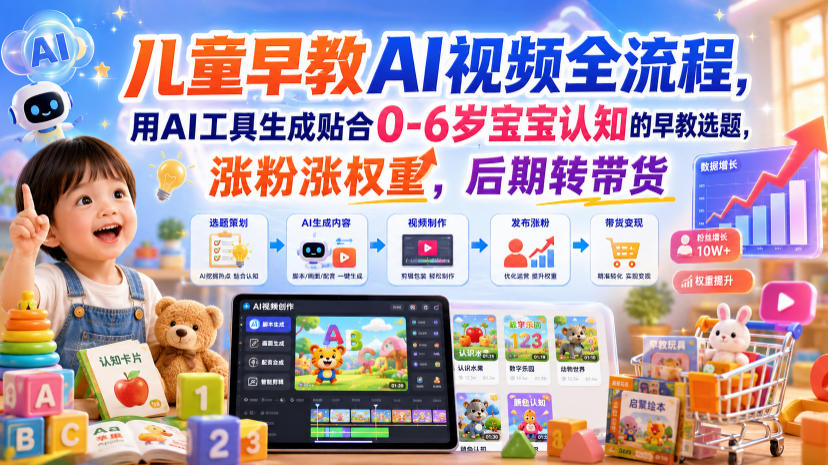儿童早教AI视频全流程,用AI工具生成贴合0-6岁宝宝认知的早教选题,涨粉涨权重,后期转带货-hl998