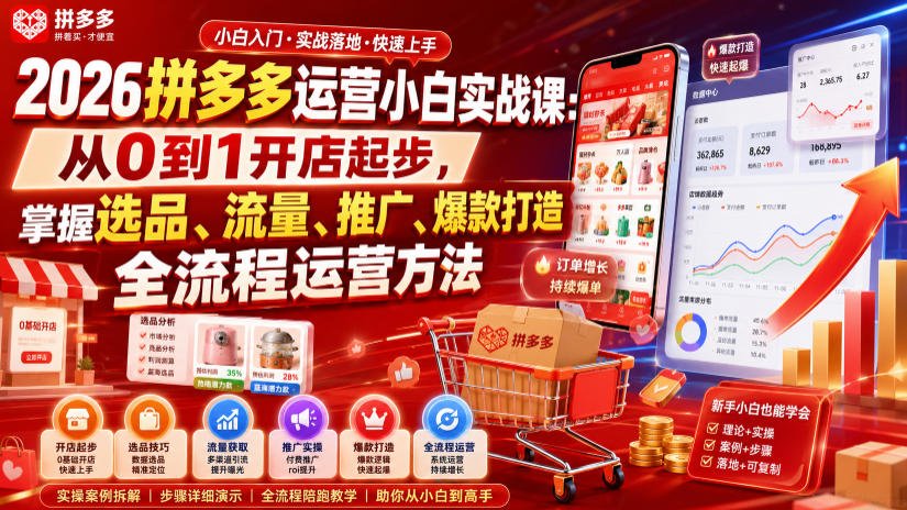 2026拼多多运营小白实战课：从0到1开店起步，掌握选品、流量、推广、爆款打造全流程运营方法-hl998