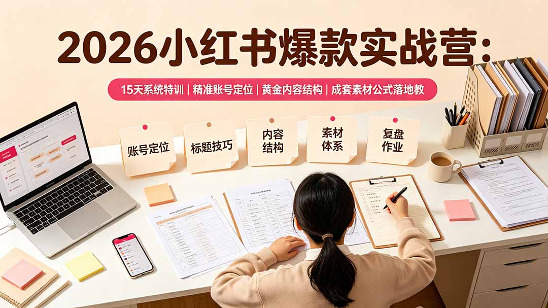 2026小红书爆款实战营：15天系统特训｜精准账号定位｜黄金内容结构｜成套素材公式落地教程-hl998