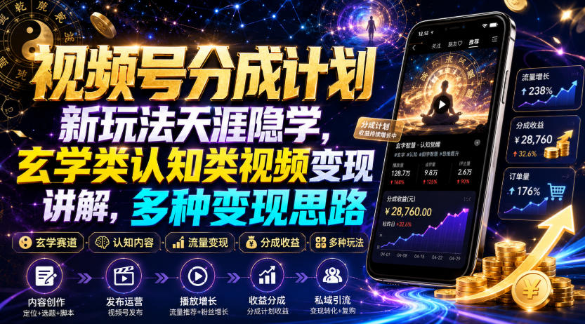 视频号分成计划新玩法天涯隐学，玄学类认知类视频变现讲解，多种变现思路-hl998
