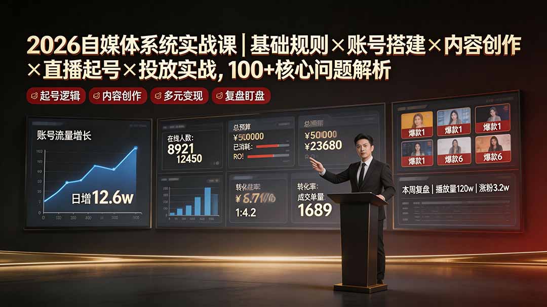 2026自媒体系统实战课｜基础规则×账号搭建×内容创作×直播起号×投放实战，100+核心问题解析-hl998