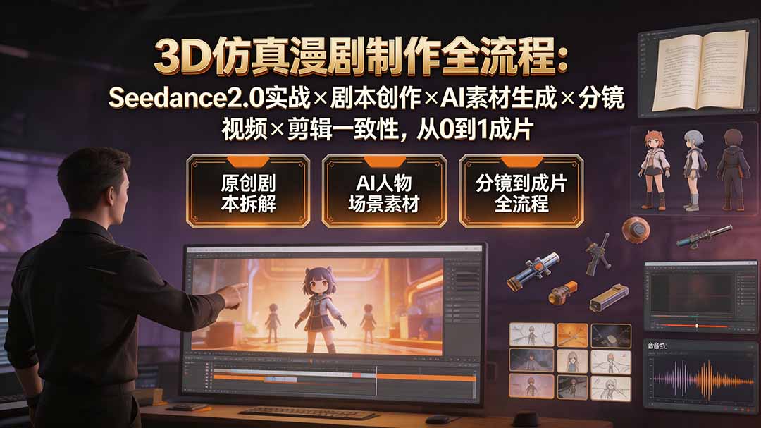 3D仿真漫剧制作全流程：Seedance2.0实战×剧本创作×AI素材生成×分镜视频×剪辑一致性，从0到1成片-hl998
