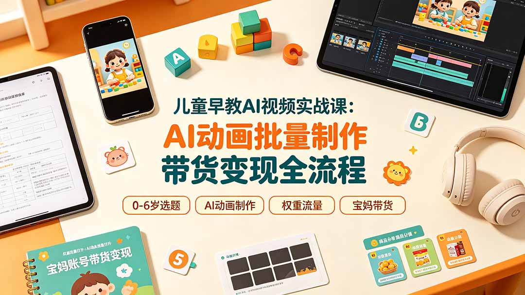 儿童早教AI视频实战课：0-6岁认知选题｜AI动画批量制作｜权重流量拉升｜宝妈账号带货变现全流程-hl998