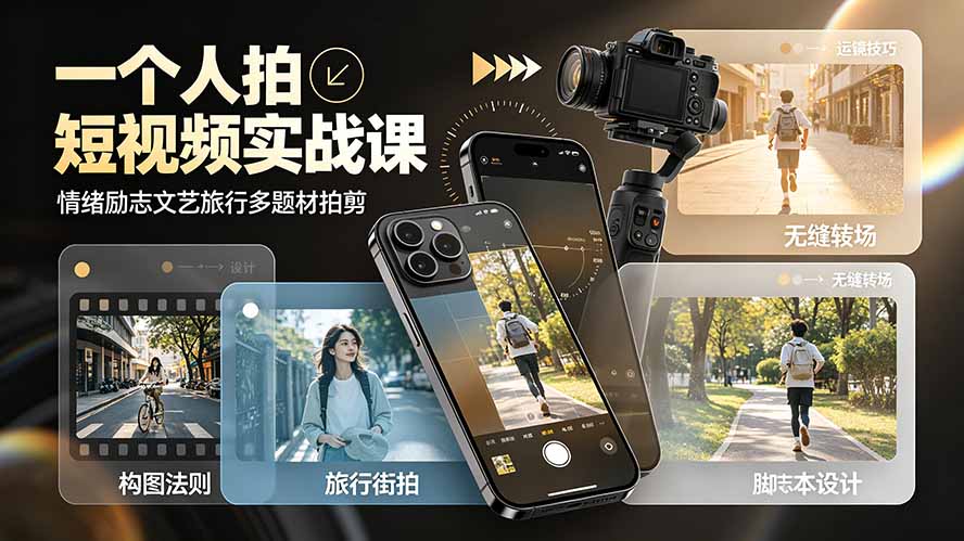 一个人拍短视频实战课：情绪励志文艺旅行多题材×五大景别×黄金构图×八大运镜，从拍摄到成片高效创作-hl998