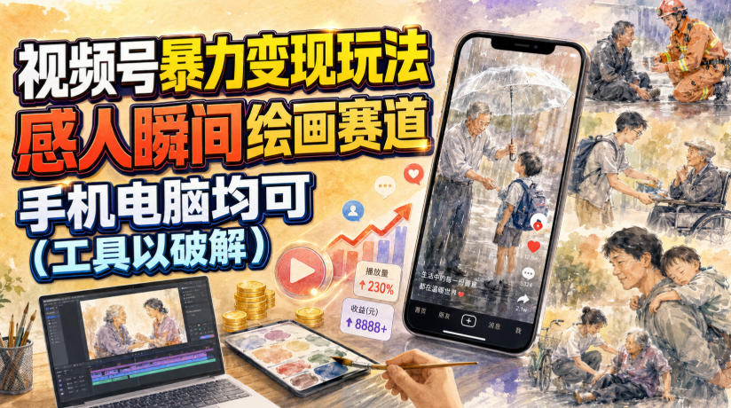 视频号暴力变现玩法，感人瞬间绘画赛道，手机电脑均可-hl998