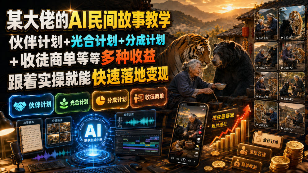 某大佬的AI民间故事教学，伙伴计划+光合计划+分成计划+收徒商单等多种收益，跟着实操就能快速落地变现-hl998
