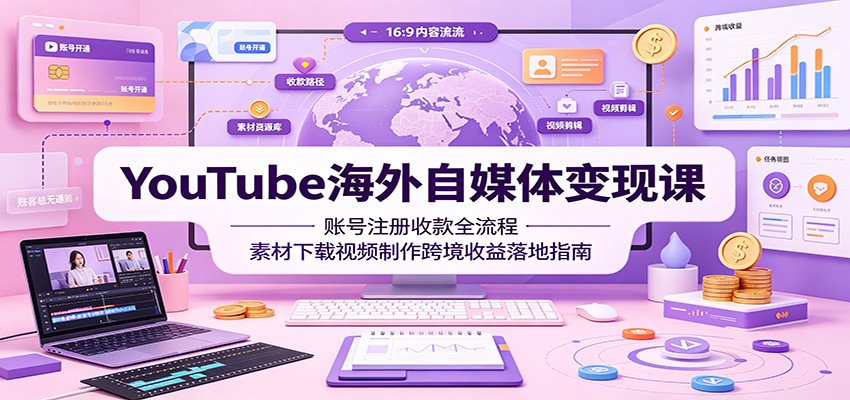 YouTube海外自媒体变现课：账号注册收款全流程，素材下载视频制作跨境收益落地指南-hl998