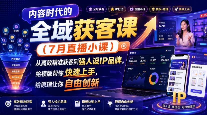 内容时代的全域获客课(7月直播小课)，从高效精准获客到强人设IP品牌，给模版帮你快速上手，给原理让你自由创新-hl998