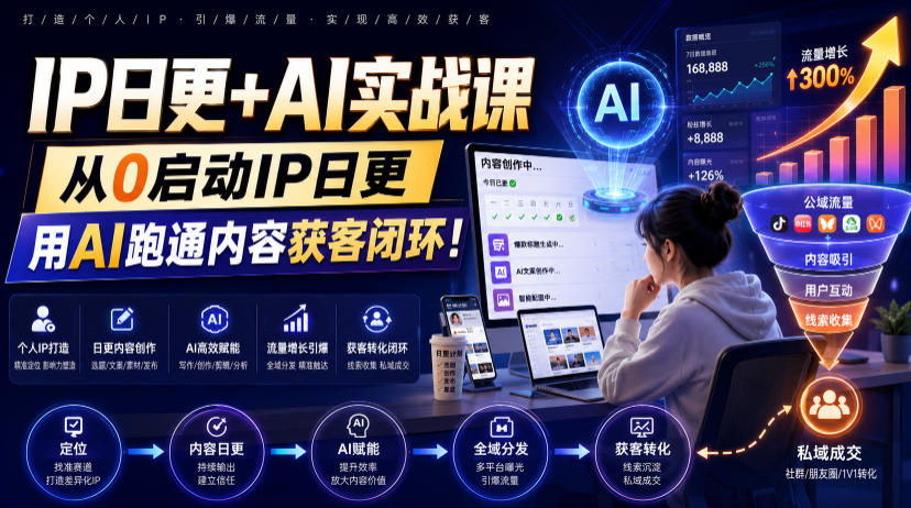 IP日更+AI实战课，从0启动IP日更，IP置顶视频制作+100条选题库搭建+10条日更规划，用AI跑通内容获客闭环!-hl998