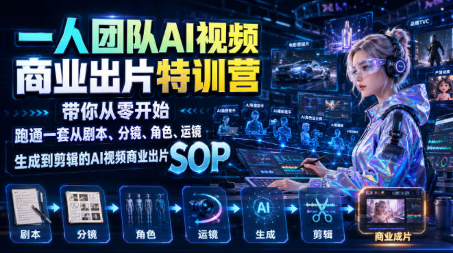 一人团队AI视频商业出片实战课：带你从零开始跑通一套从剧本、分镜、角色、运镜、生成到剪辑的AI视频商业出片SOP-hl998