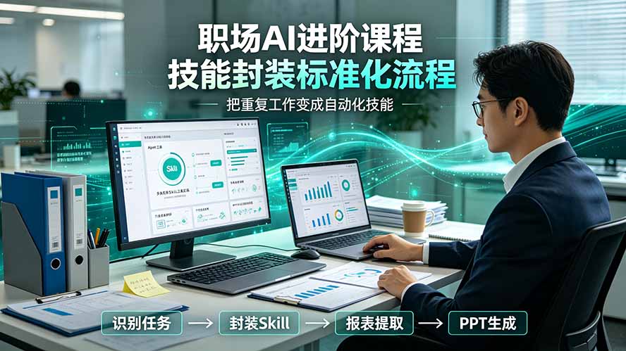 职场AI进阶课程；多类实用Skill工具实操，专属技能封装标准化流程，报表行业报告一键提取核心内容-hl998