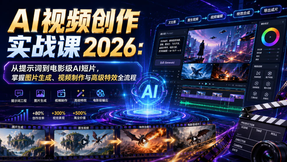 AI视频创作实战课2026：从提示词到电影级AI短片，掌握图片生成、视频制作与高级特效全流程-hl998
