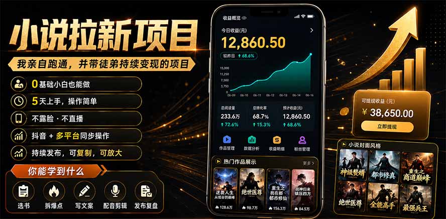 抖音及多平台小说拉新项目：我亲自跑通并持续带徒弟实操｜0基础小白5天上手快速变现-hl998