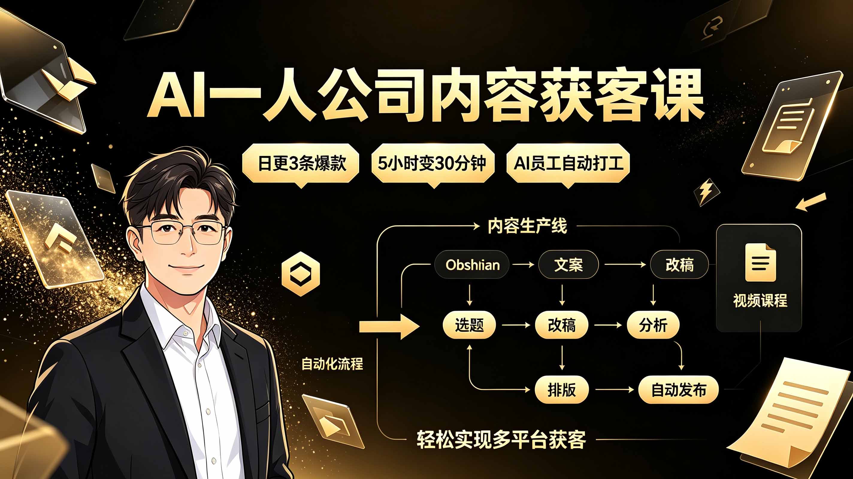 AI一人公司内容获客课：日更3条爆款×5小时变30分钟×AI员工自动打工，轻松实现多平台获客-hl998
