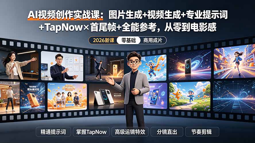 AI视频创作实战课:图片生成+视频生成+专业提示词+TapNow×首尾帧+全能参考,从零到电影感成片-hl998