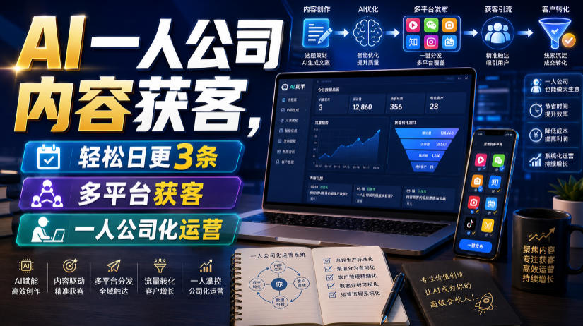 AI一人公司内容获客，轻松日更3条，多平台获客，一人公司化运营-hl998