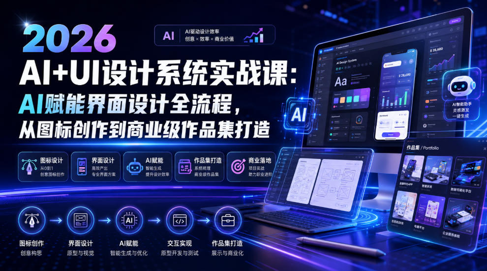 2026 AI+UI设计系统实战课：AI赋能界面设计全流程，从图标创作到商业级作品集打造-hl998