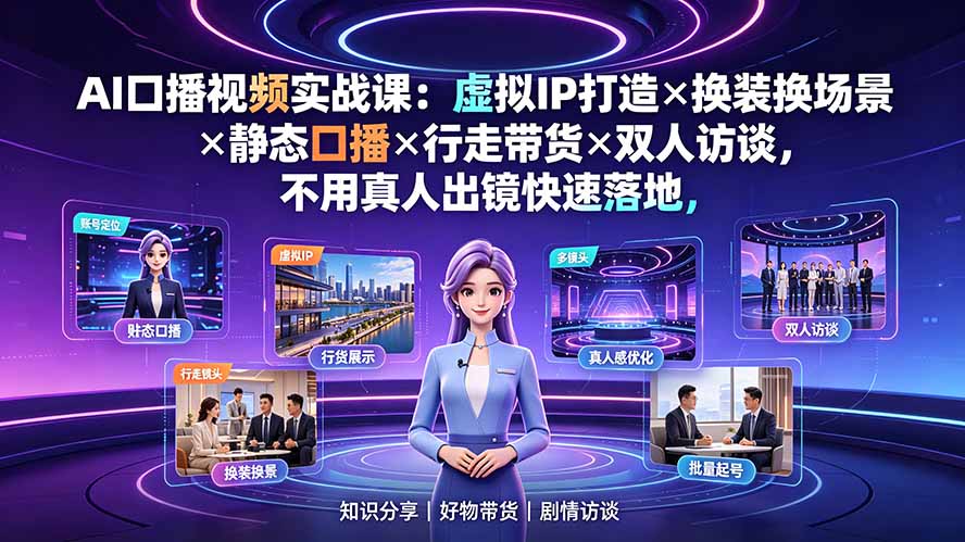 AI口播视频实战课：虚拟IP打造×换装换场景×静态口播×行走带货×双人访谈，不用真人出镜快速落地-hl998